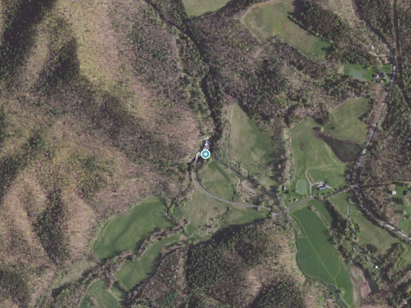 Aerial photo of the same ground around Beaverdam Falls near White Sulphur Springs, Virginia, for comparison with the lidar view
