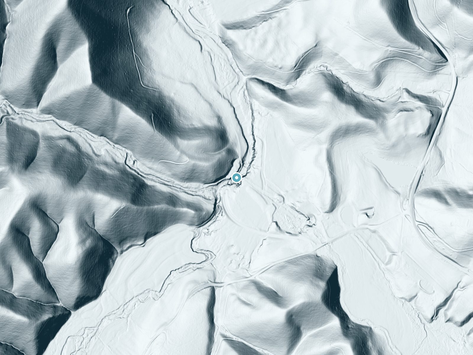 LiDAR bare-earth terrain around Beaverdam Falls near White Sulphur Springs, Virginia, showing about 104 feet of drop, a steep tiered drop, facing east
