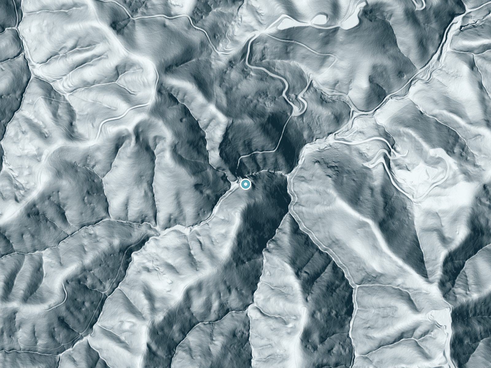 LiDAR bare-earth terrain around Tehan Falls near Pleasanton, California, showing about 286 feet of drop, a steep tiered drop, facing northeast