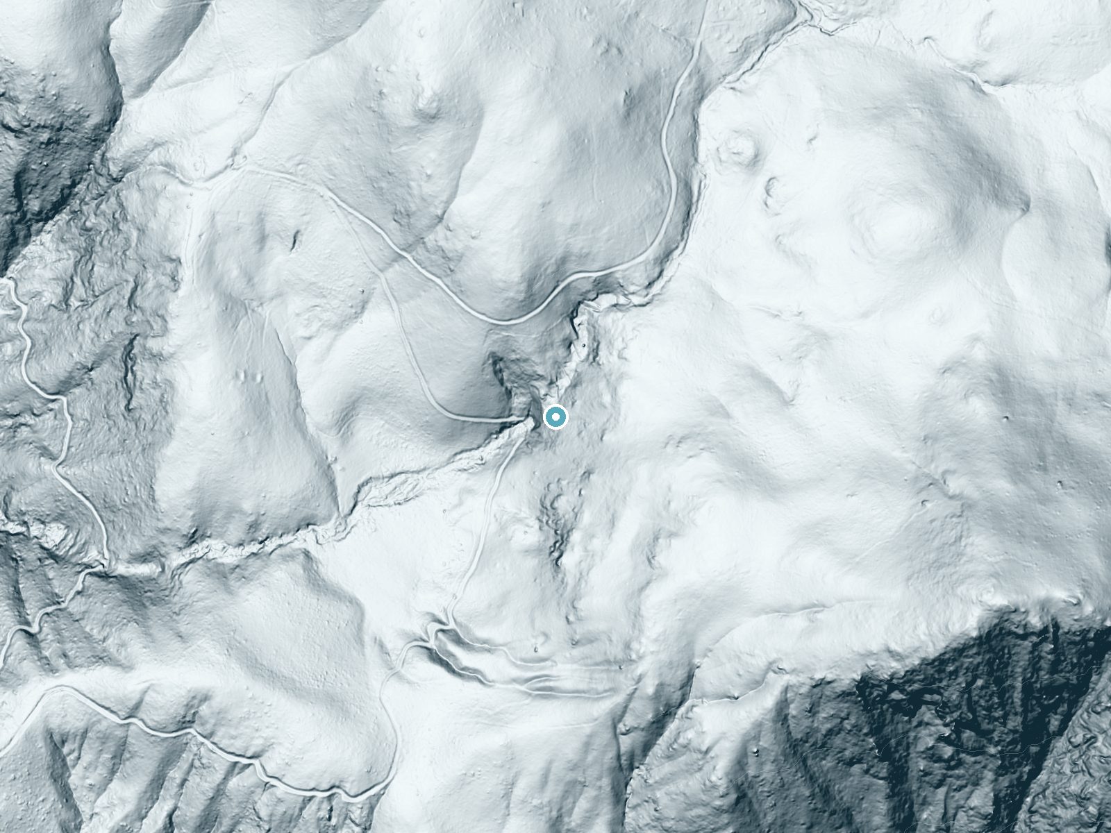 LiDAR bare-earth terrain around Foresta Falls near Foresta, California, showing about 297 feet of drop, a steep tiered drop, facing west