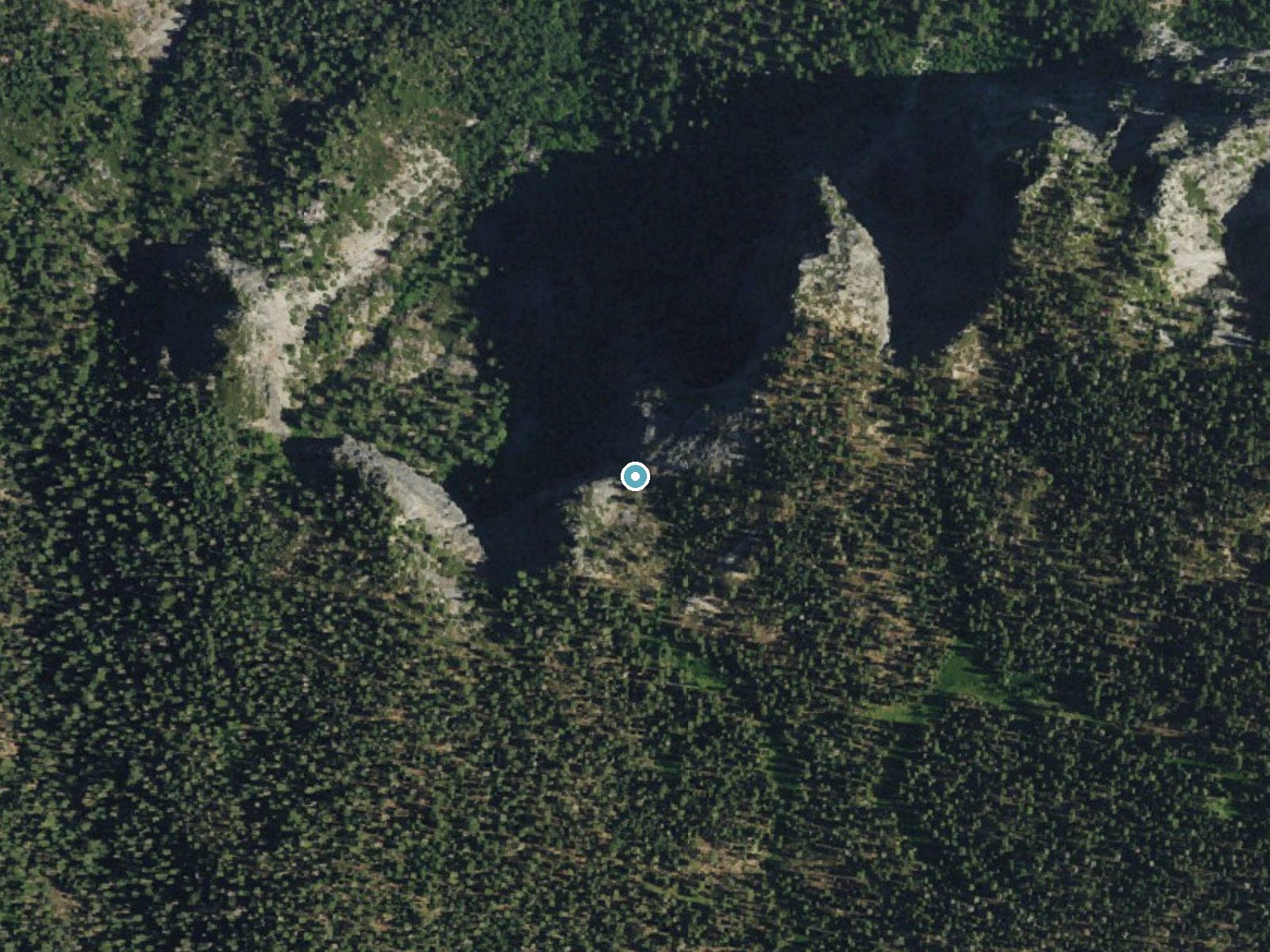 Aerial photo of the same ground around Silver Strand Falls near Foresta, California, for comparison with the lidar view