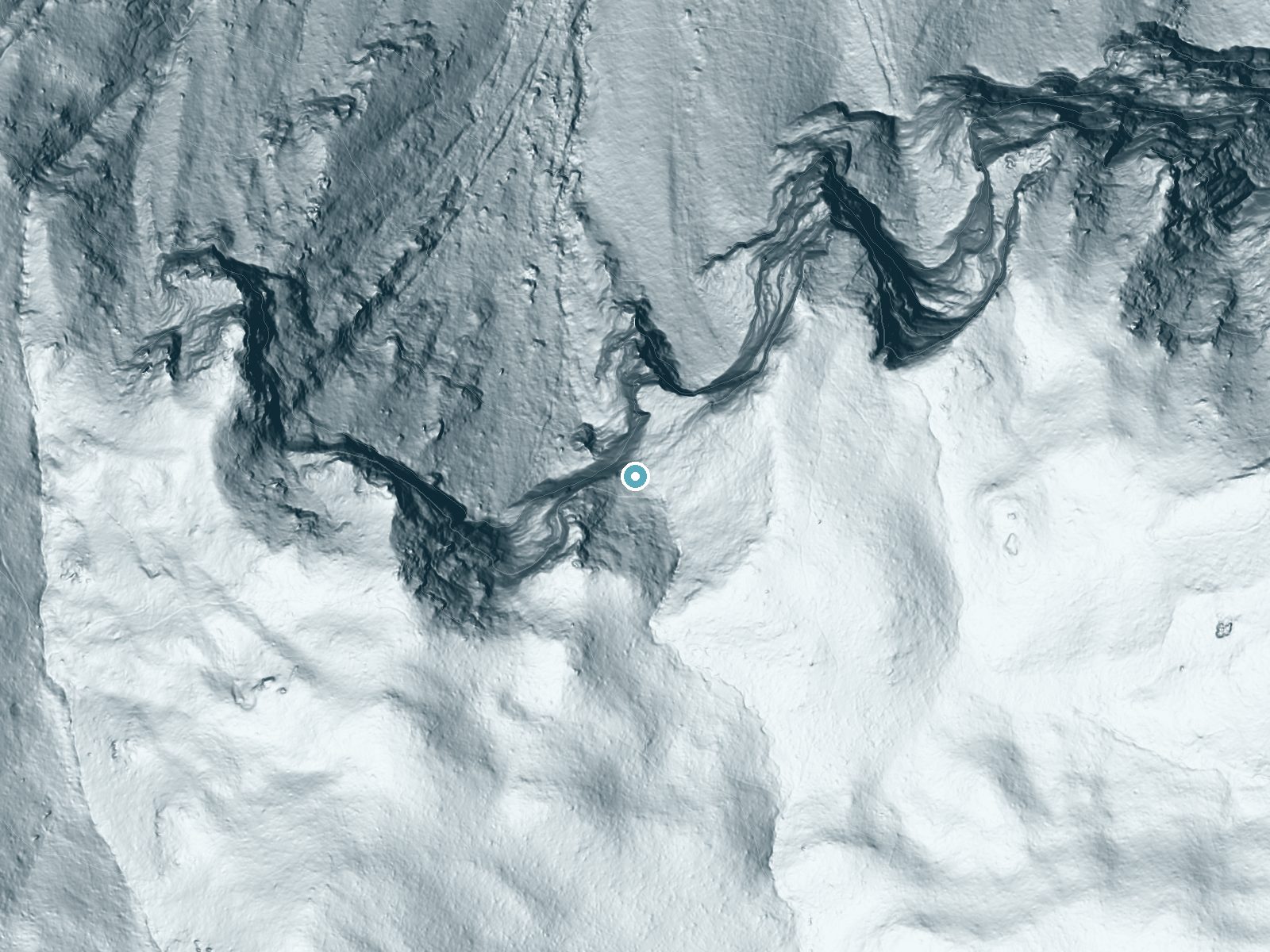 LiDAR bare-earth terrain around Silver Strand Falls near Foresta, California, showing about 790 feet of drop, a single sheer drop, facing northwest