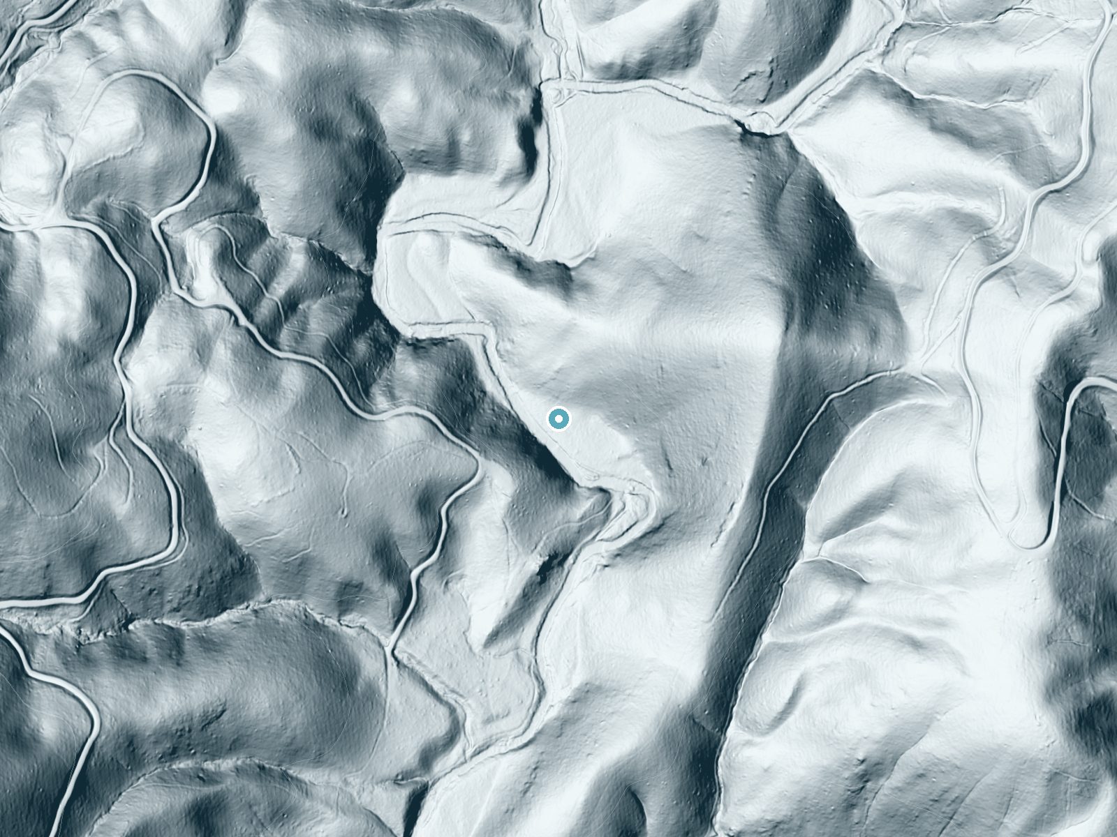 LiDAR bare-earth terrain around Panther Falls near Buena Vista, Virginia, showing about 83 feet of drop, a long cascade, facing south