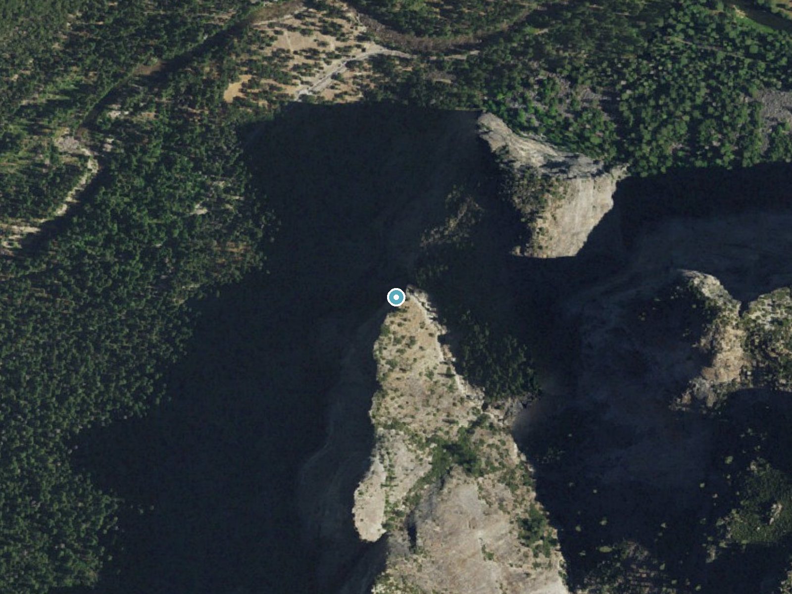 Aerial photo of the same ground around Bridalveil Fall near Yosemite Valley, California, for comparison with the lidar view