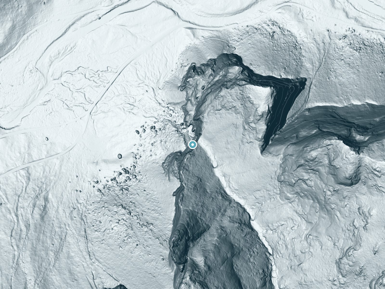 LiDAR bare-earth terrain around Bridalveil Fall near Yosemite Valley, California, showing about 884 feet of drop, a single sheer drop, facing northwest