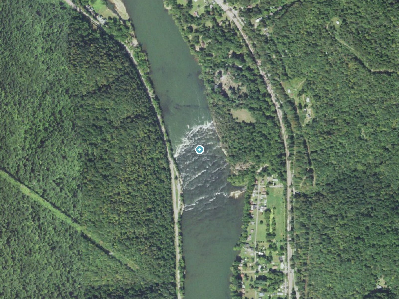 Aerial photo of the same ground around Brooks Falls near Hinton, West Virginia, for comparison with the lidar view