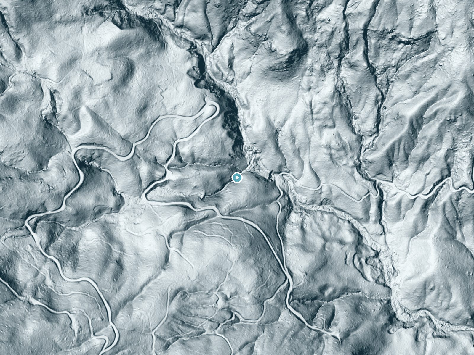 LiDAR bare-earth terrain around Little Nellie Falls near Foresta, California, showing about 127 feet of drop, a long cascade, facing northeast