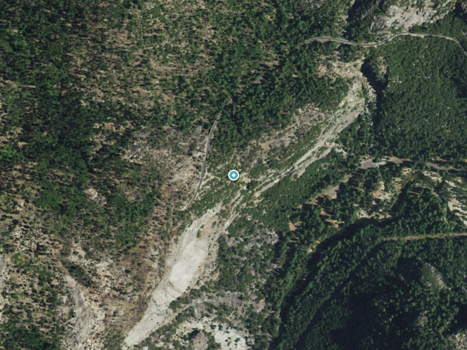 Aerial photo of the same ground around Wildcat Falls near Foresta, California, for comparison with the lidar view