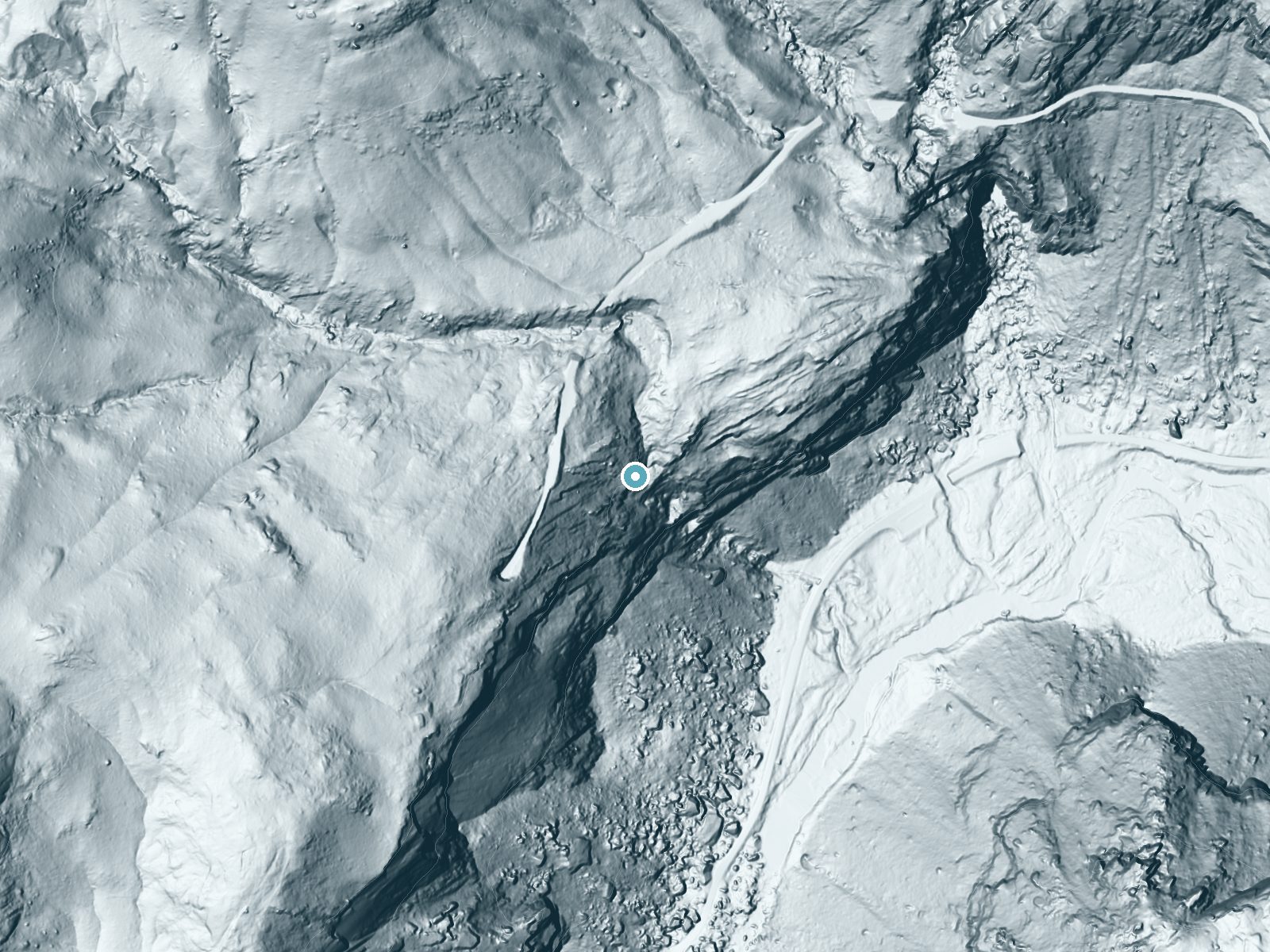 LiDAR bare-earth terrain around Wildcat Falls near Foresta, California, showing about 458 feet of drop, a single sheer drop, facing southeast