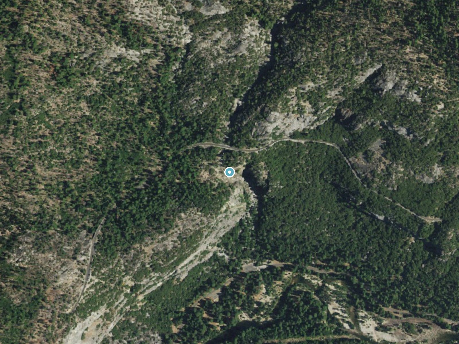 Aerial photo of the same ground around The Cascades near Foresta, California, for comparison with the lidar view