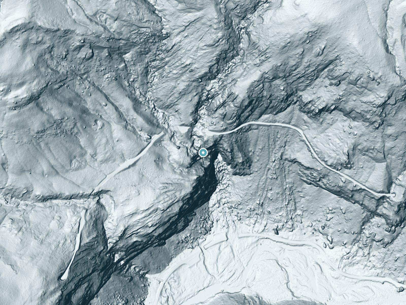 LiDAR bare-earth terrain around The Cascades near Foresta, California, showing about 656 feet of drop, a single sheer drop, facing southeast