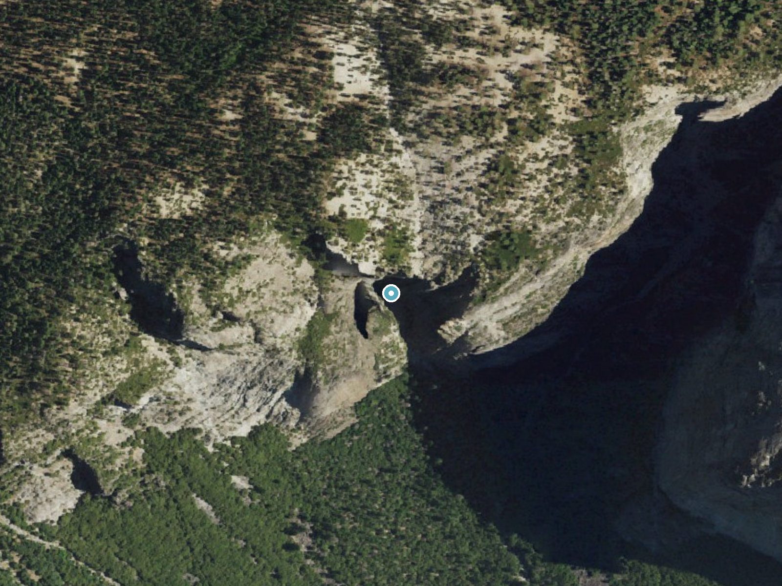 Aerial photo of the same ground around Ribbon Fall near Yosemite Valley, California, for comparison with the lidar view