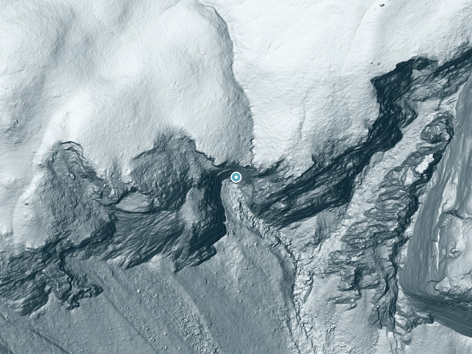 LiDAR bare-earth terrain around Ribbon Fall near Yosemite Valley, California, showing about 1,807 feet of drop, a single sheer drop, facing south