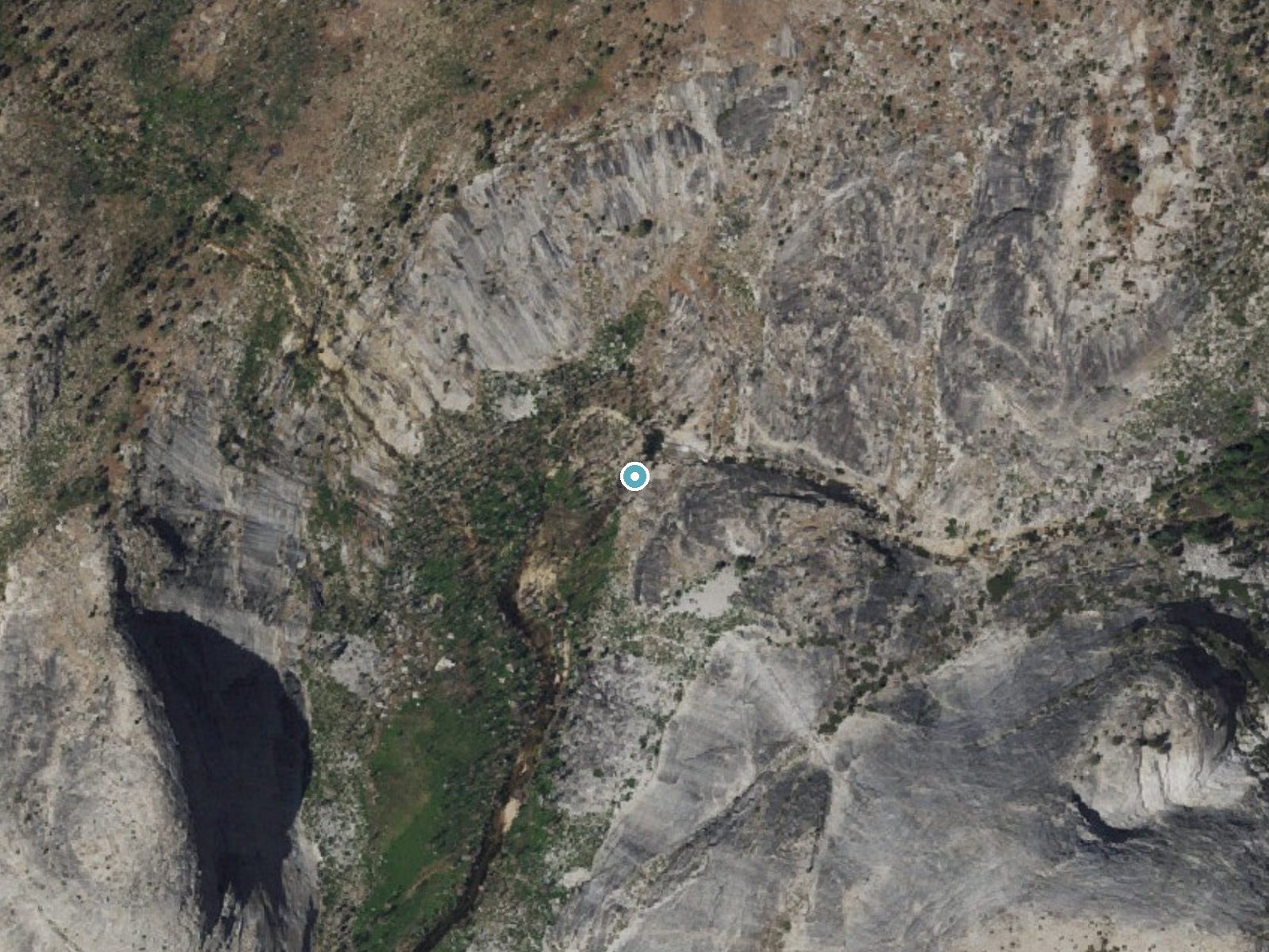 Aerial photo of the same ground around Bunnell Cascade near Yosemite Valley, California, for comparison with the lidar view