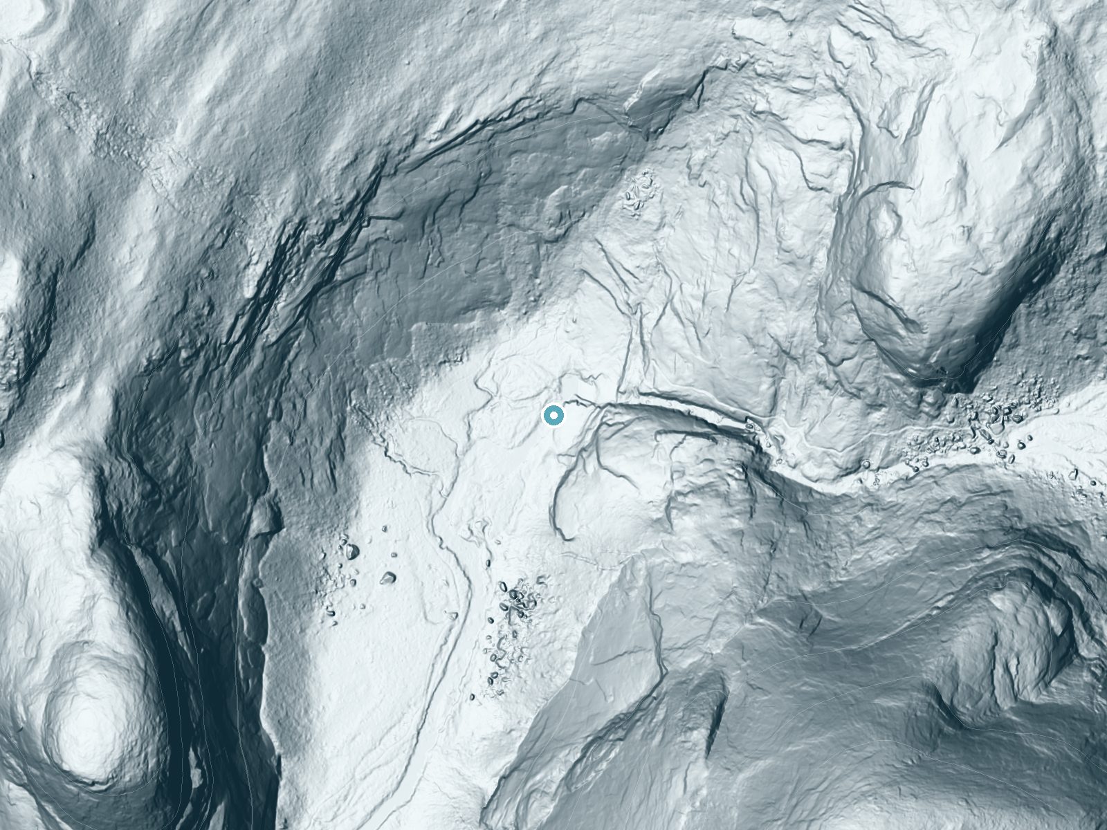 LiDAR bare-earth terrain around Bunnell Cascade near Yosemite Valley, California, showing about 145 feet of drop, a steep tiered drop, facing west