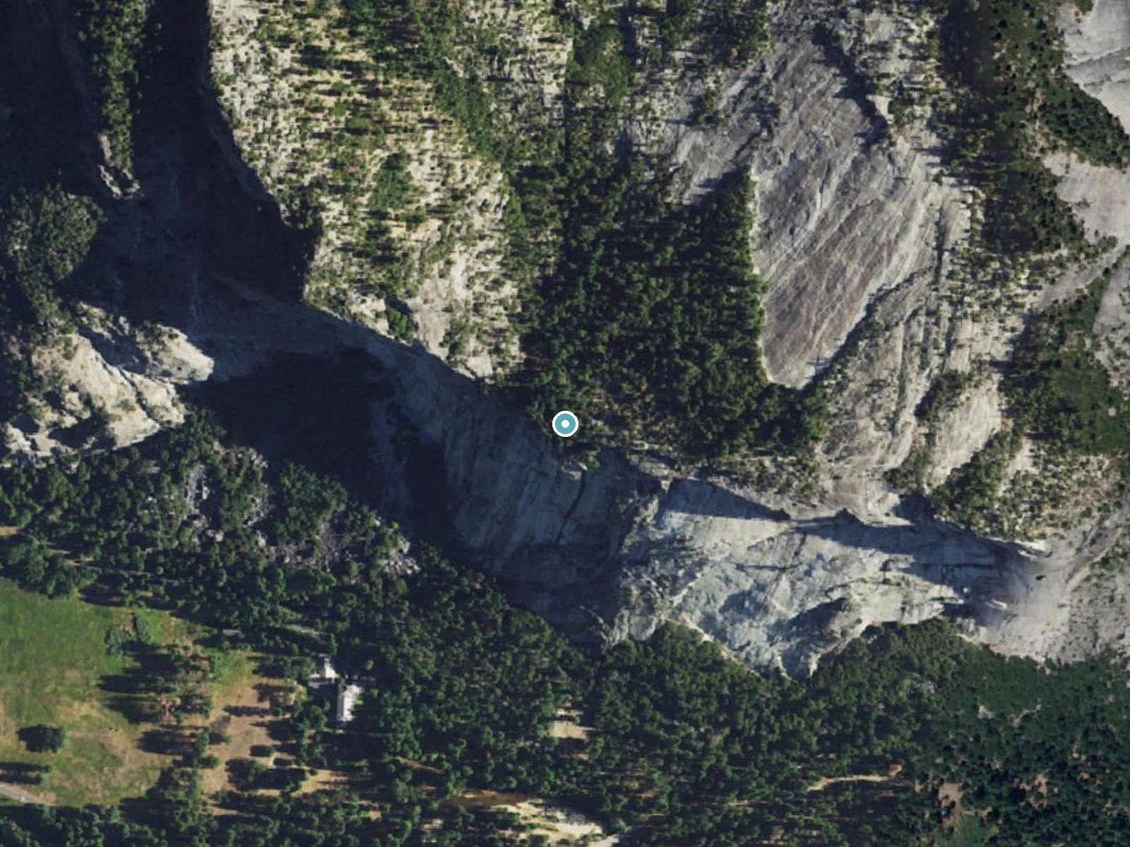 Aerial photo of the same ground around Royal Arch Cascade near Yosemite Valley, California, for comparison with the lidar view