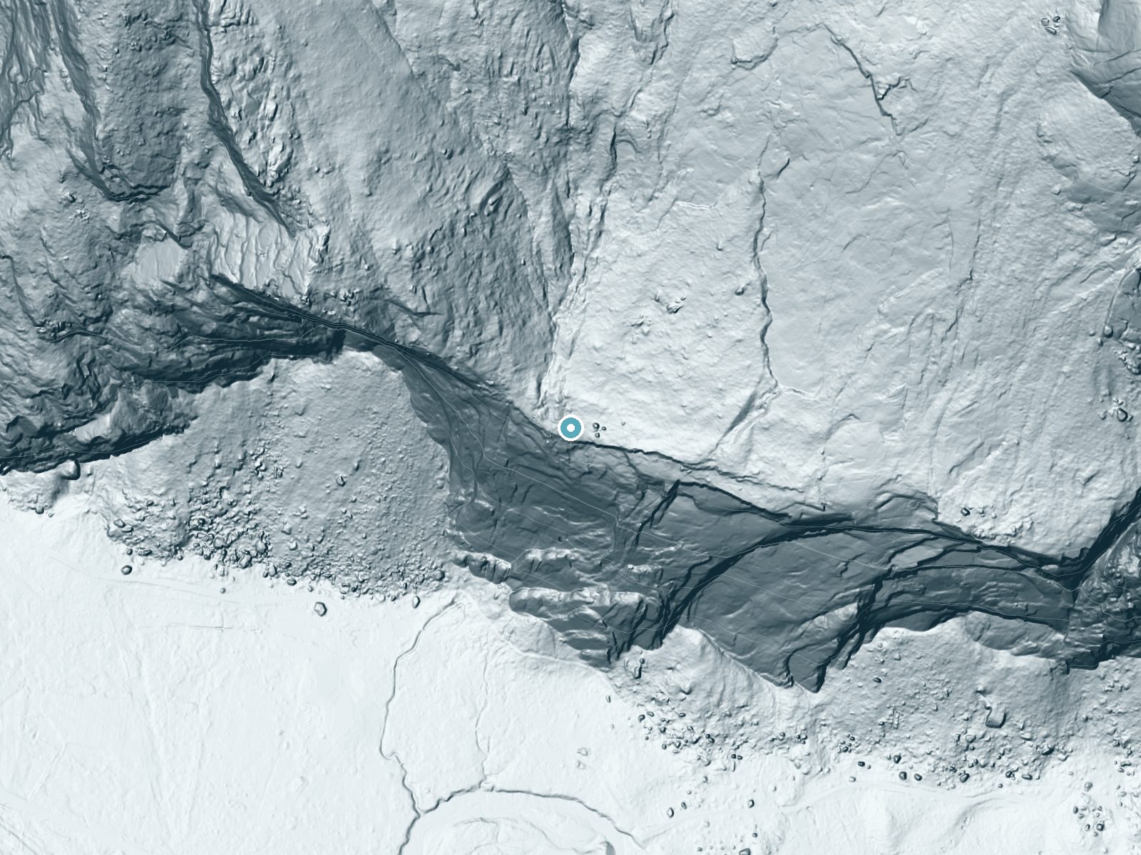LiDAR bare-earth terrain around Royal Arch Cascade near Yosemite Valley, California, showing about 473 feet of drop, a single sheer drop, facing southwest