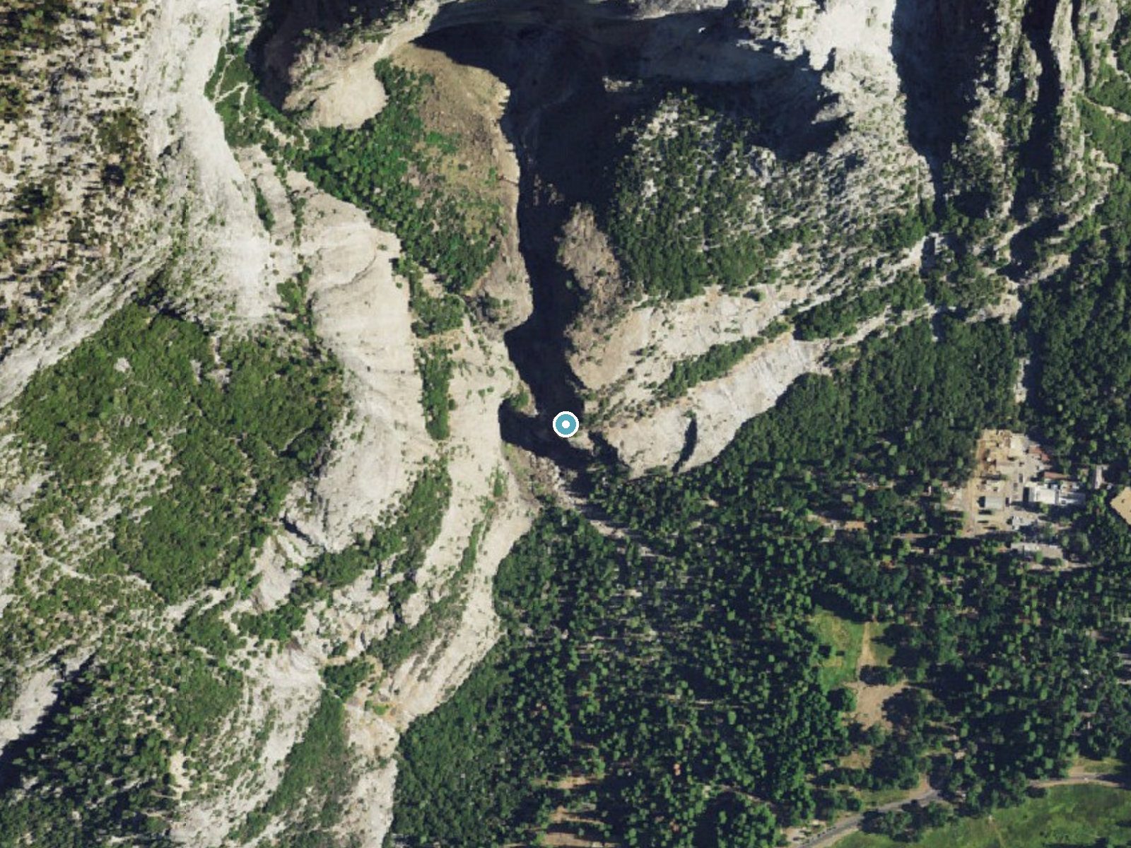 Aerial photo of the same ground around Lower Yosemite Fall near Yosemite Valley, California, for comparison with the lidar view