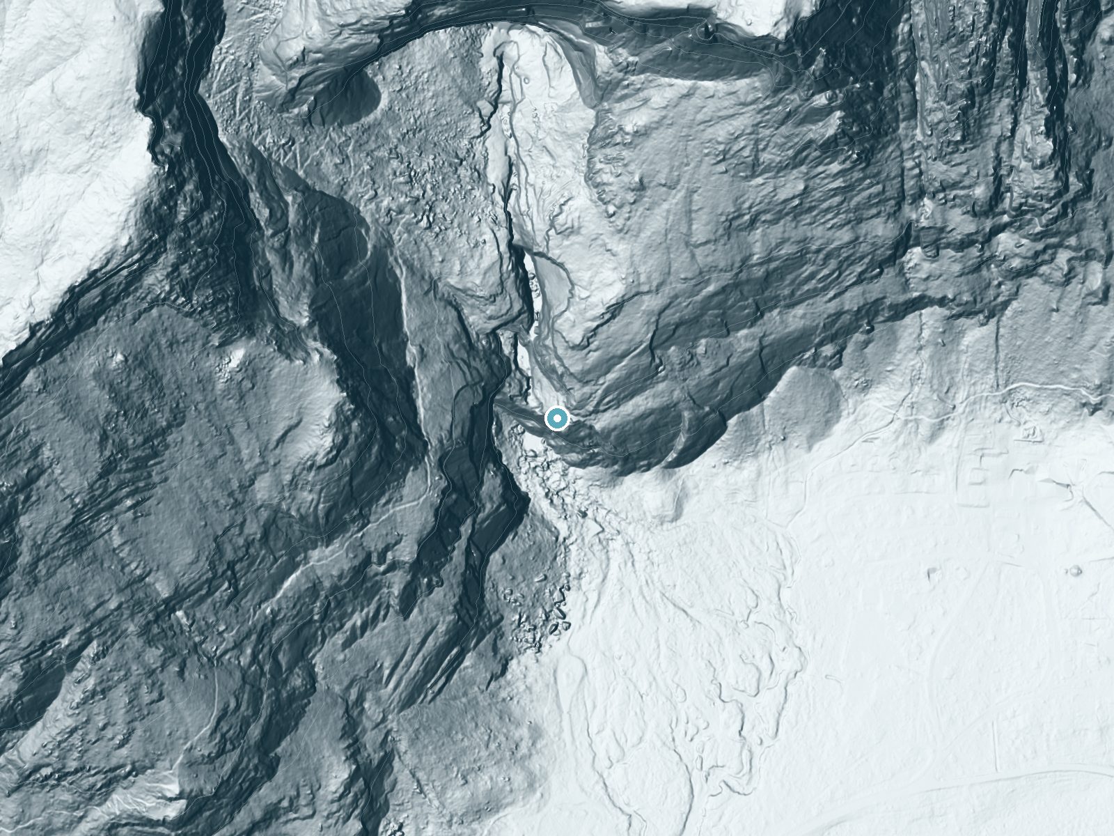 LiDAR bare-earth terrain around Lower Yosemite Fall near Yosemite Valley, California, showing about 670 feet of drop, a single sheer drop, facing southwest
