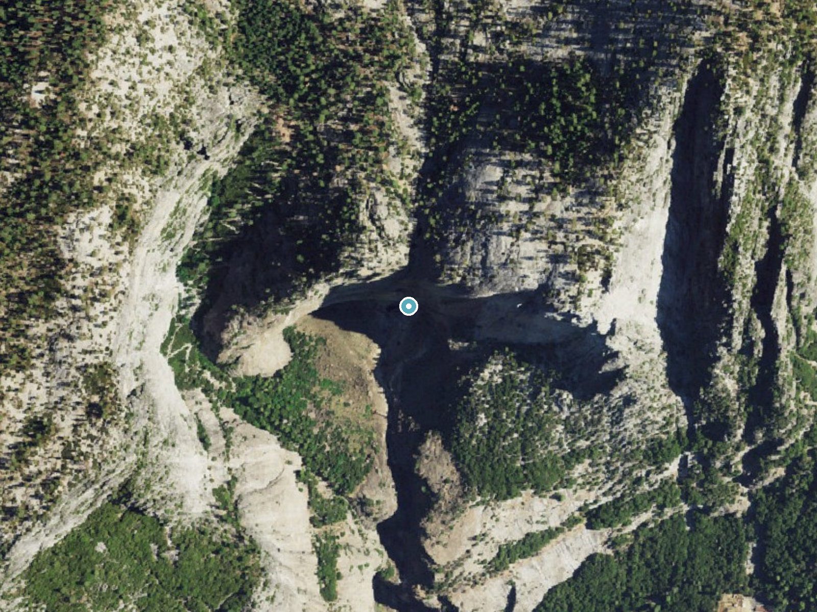 Aerial photo of the same ground around Upper Yosemite Falls near Yosemite Valley, California, for comparison with the lidar view