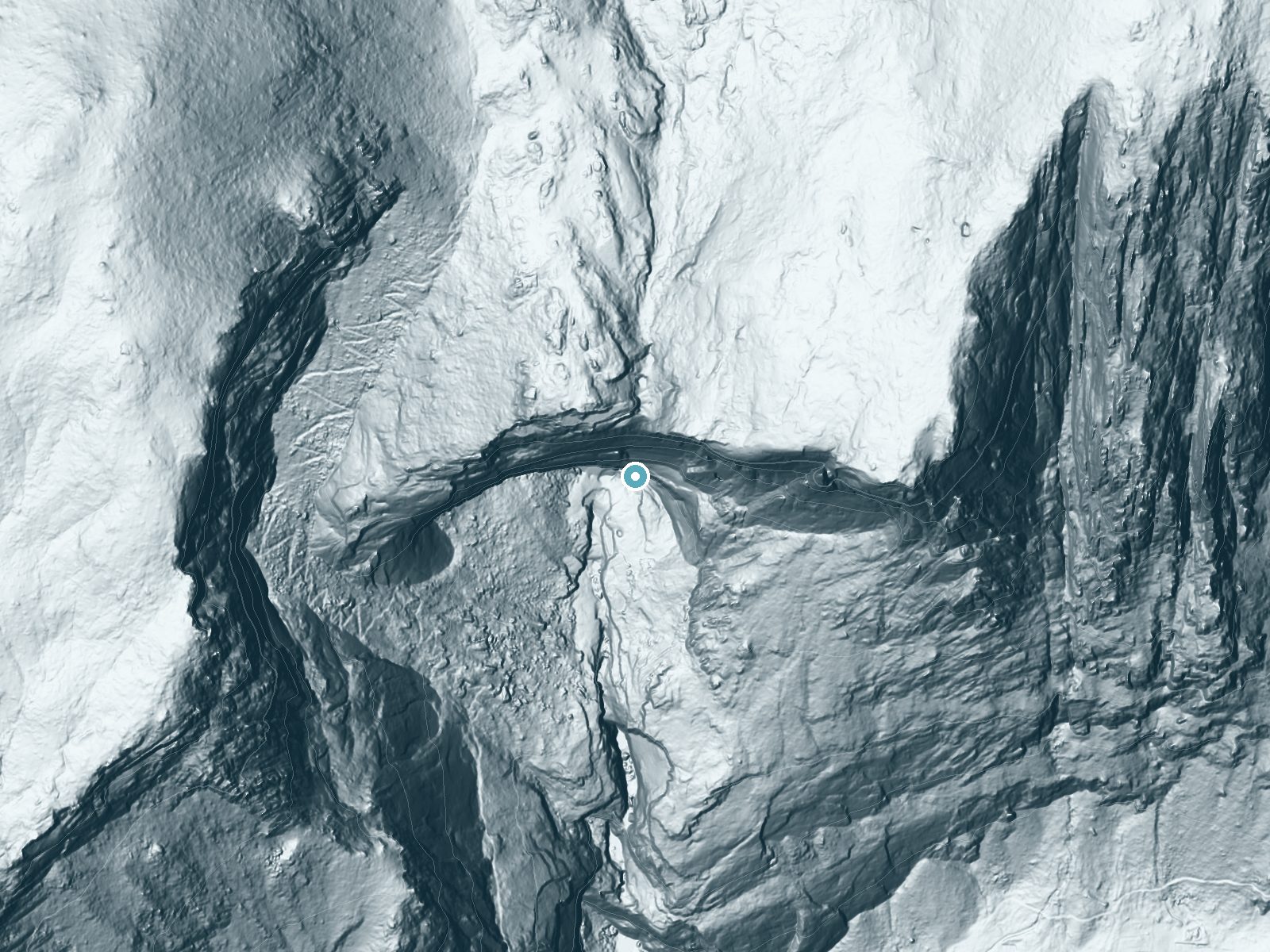 LiDAR bare-earth terrain around Upper Yosemite Falls near Yosemite Valley, California, showing about 1,611 feet of drop, a single sheer drop, facing south
