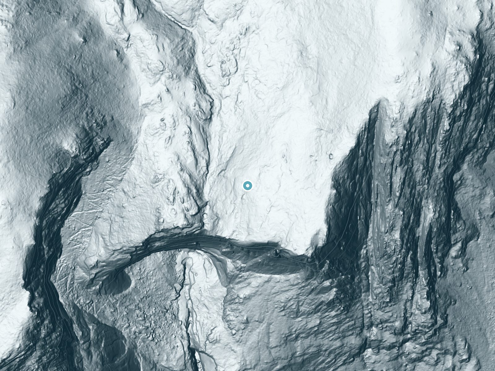 LiDAR bare-earth terrain around Yosemite Falls near Yosemite Valley, California, showing about 204 feet of drop, a steep tiered drop, facing west