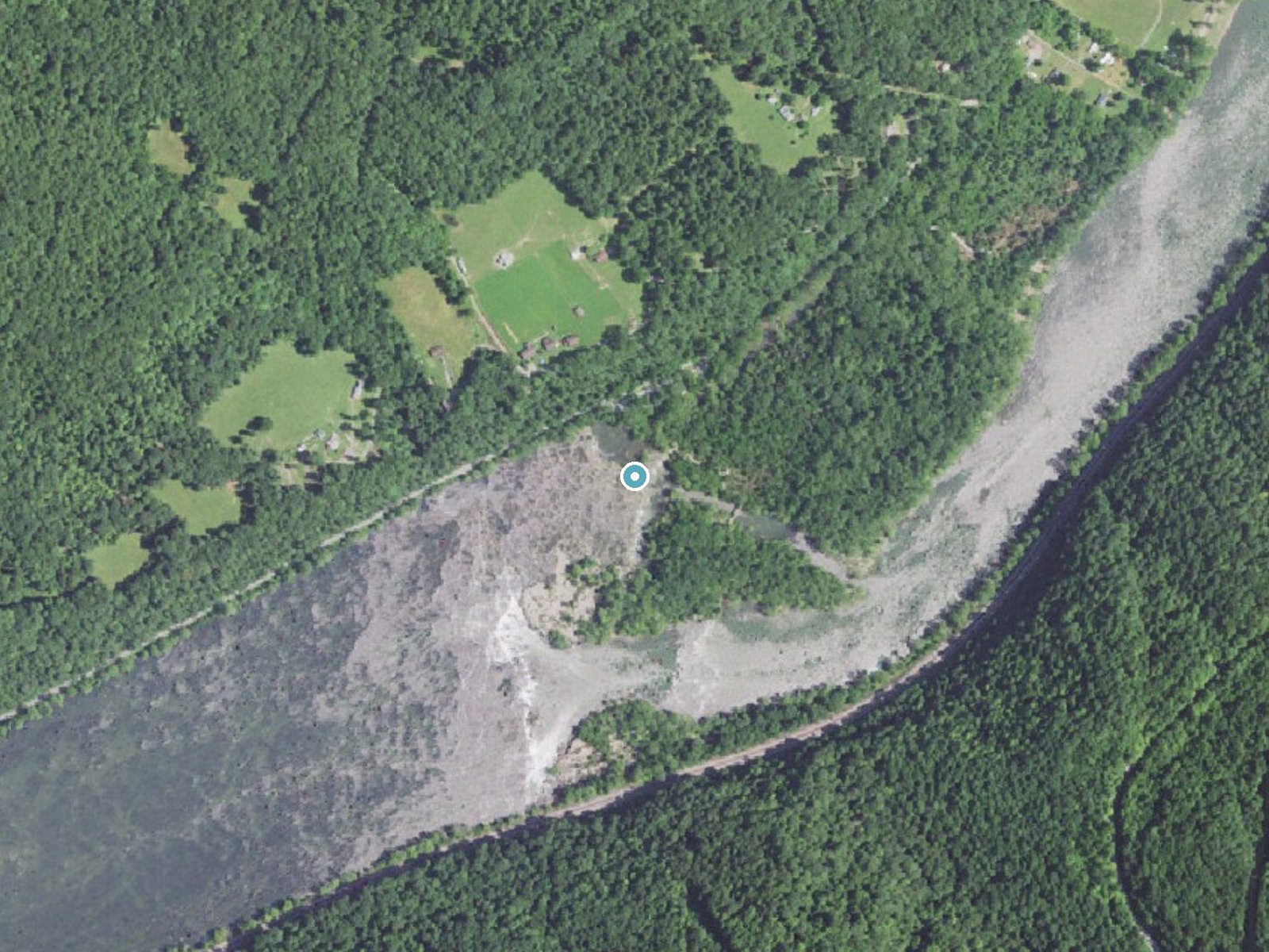 Aerial photo of the same ground around Sandstone Falls near Hinton, West Virginia, for comparison with the lidar view