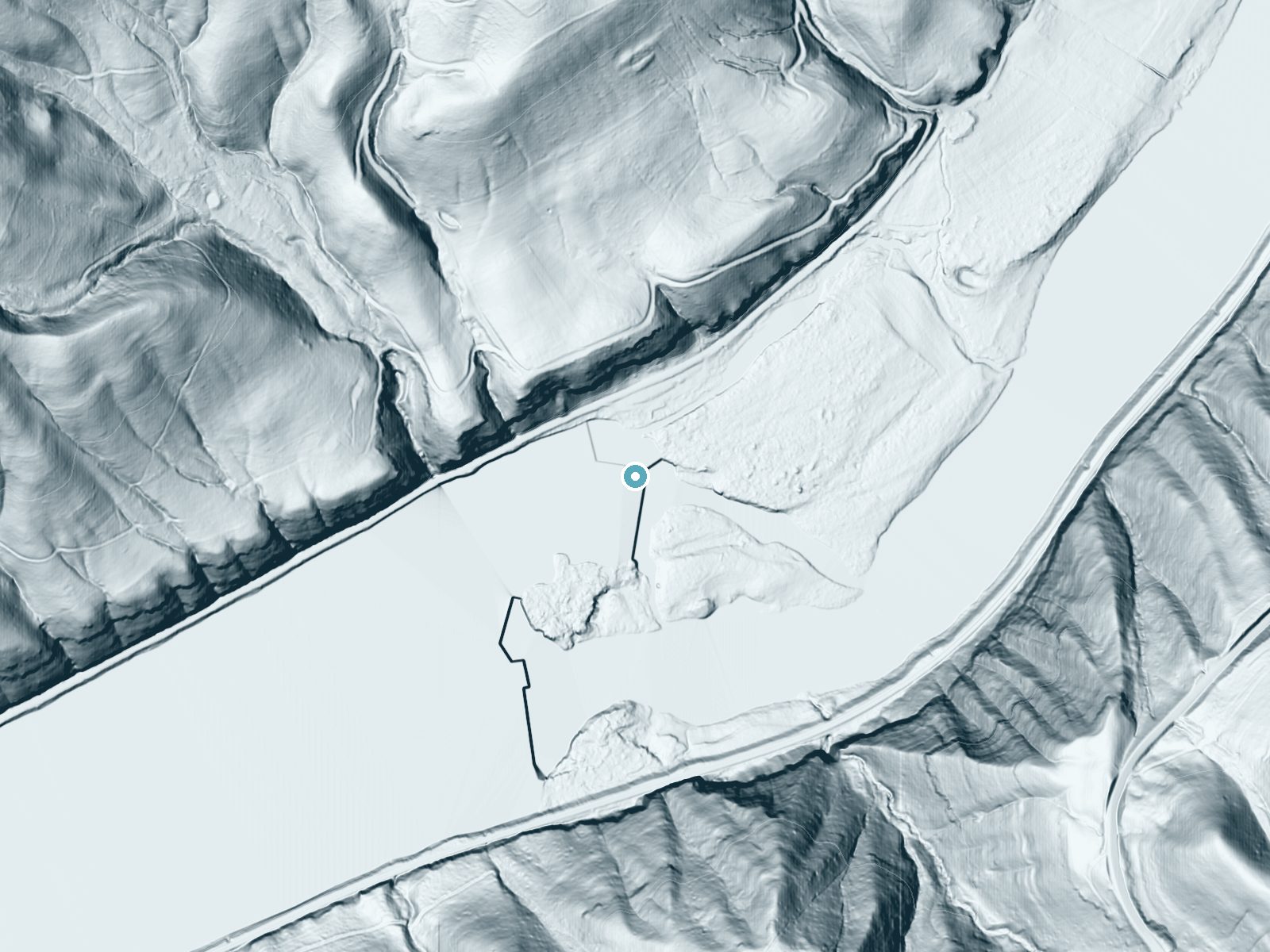 LiDAR bare-earth terrain around Sandstone Falls near Hinton, West Virginia, showing about 18 feet of drop, a long cascade, facing southeast