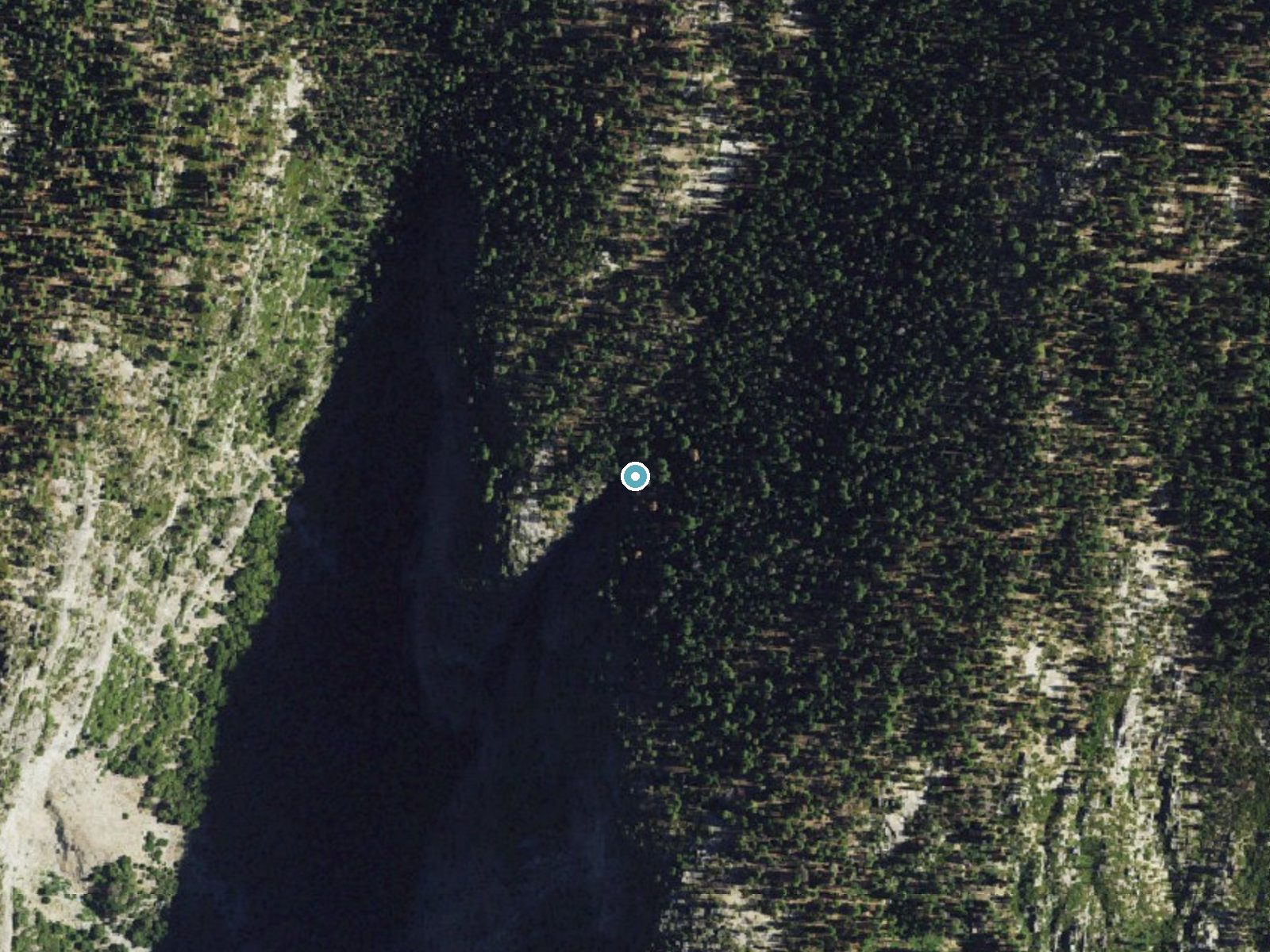 Aerial photo of the same ground around Lehamite Falls near Yosemite Valley, California, for comparison with the lidar view