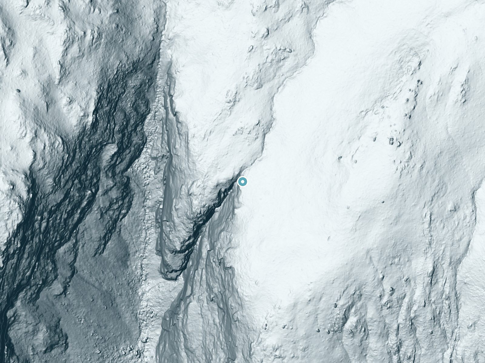 LiDAR bare-earth terrain around Lehamite Falls near Yosemite Valley, California, showing about 329 feet of drop, a steep tiered drop, facing southwest