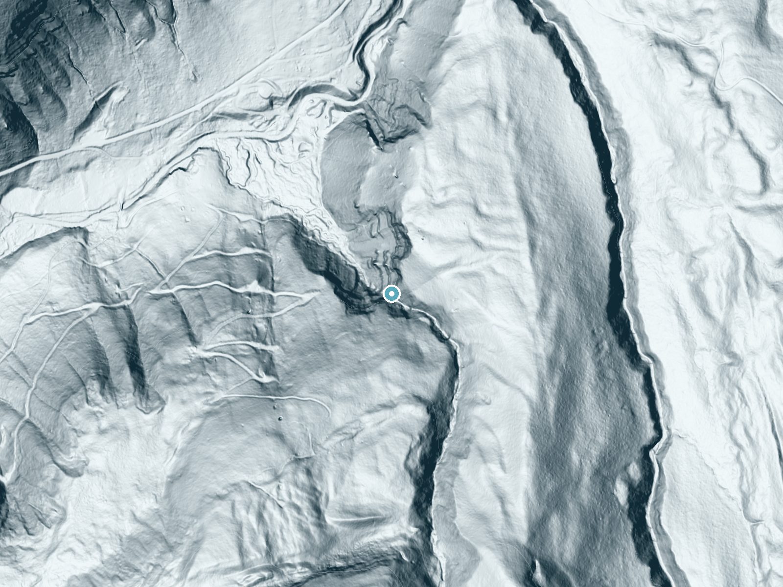 LiDAR bare-earth terrain around Eagle Falls near Rico, Colorado, showing about 361 feet of drop, a steep tiered drop, facing northwest