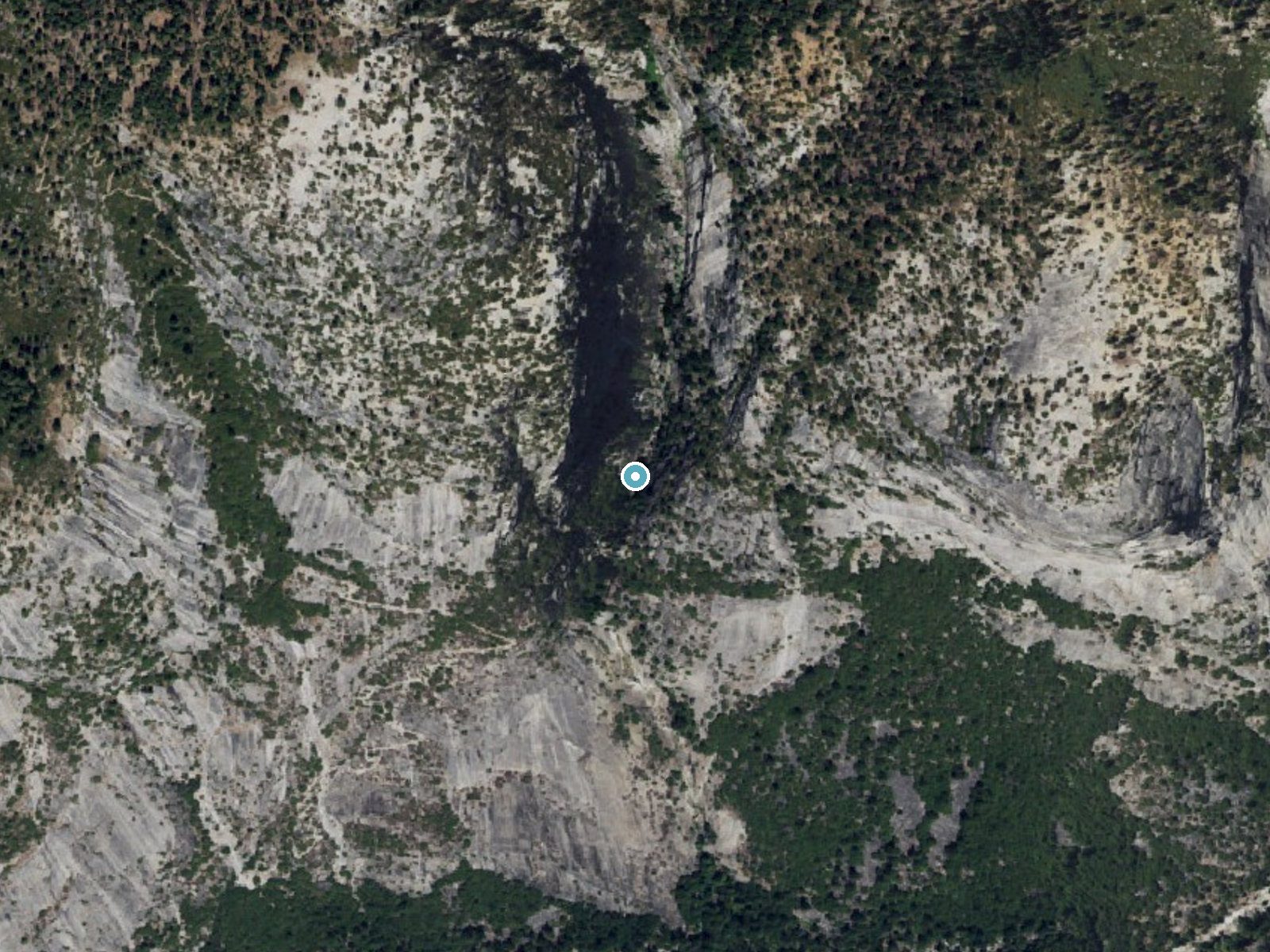 Aerial photo of the same ground around Snow Creek Falls near Yosemite Valley, California, for comparison with the lidar view
