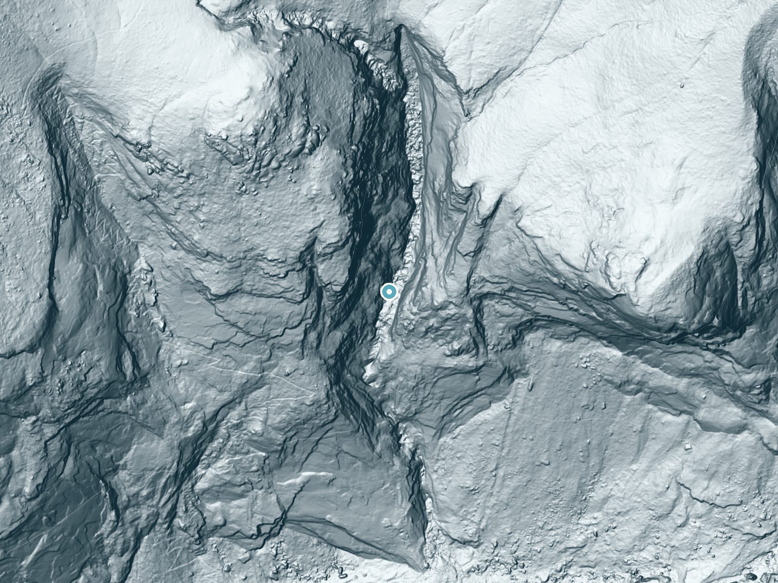 LiDAR bare-earth terrain around Snow Creek Falls near Yosemite Valley, California, showing about 469 feet of drop, a steep tiered drop, facing south