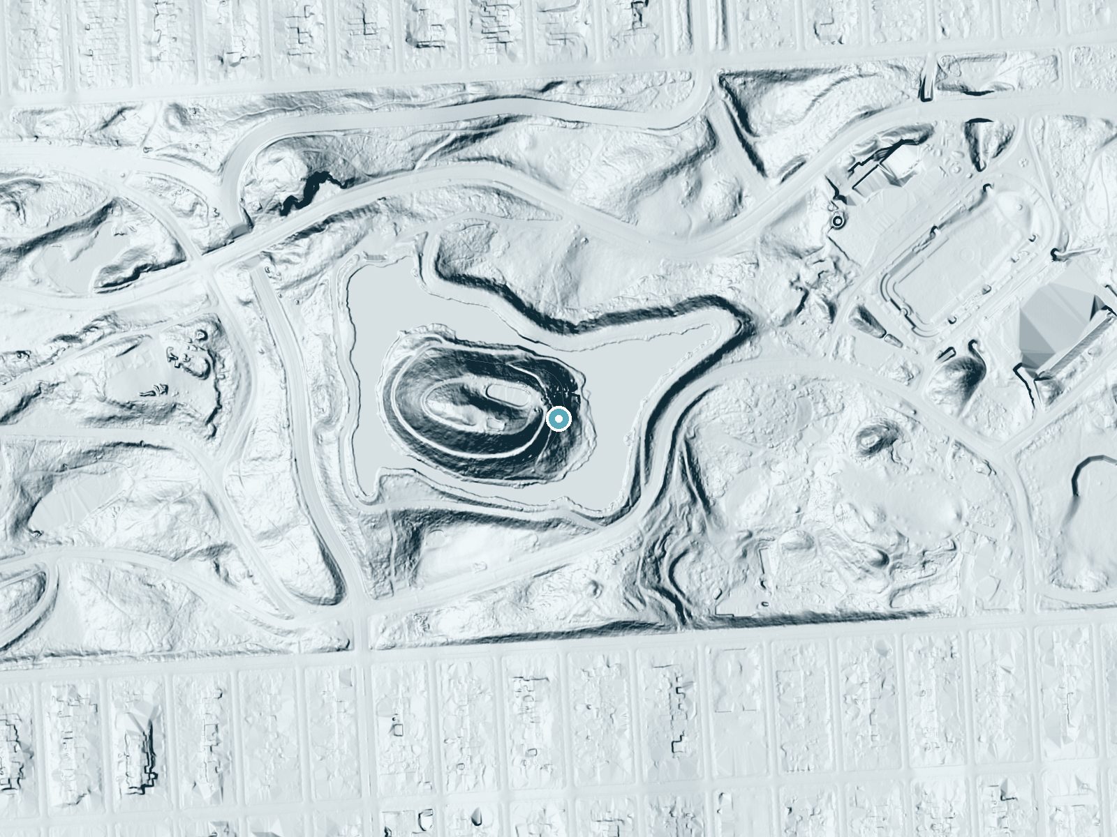 LiDAR bare-earth terrain around Huntington Falls near San Francisco, California, showing about 130 feet of drop, a steep tiered drop, facing east