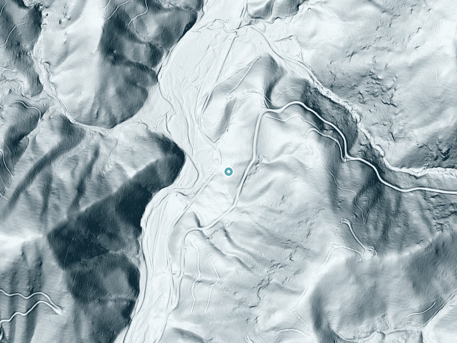 LiDAR bare-earth terrain around Statons Creek Falls near Buena Vista, Virginia, showing about 168 feet of drop, a steep tiered drop, facing west