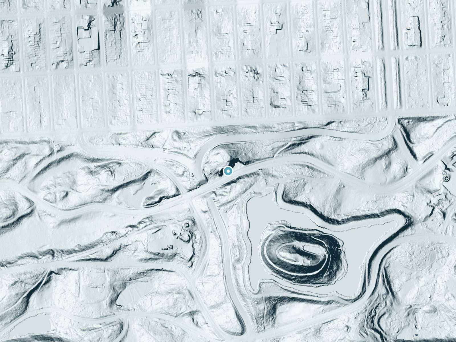 LiDAR bare-earth terrain around Rainbow Falls near San Francisco, California, showing about 74 feet of drop, a steep tiered drop, facing south