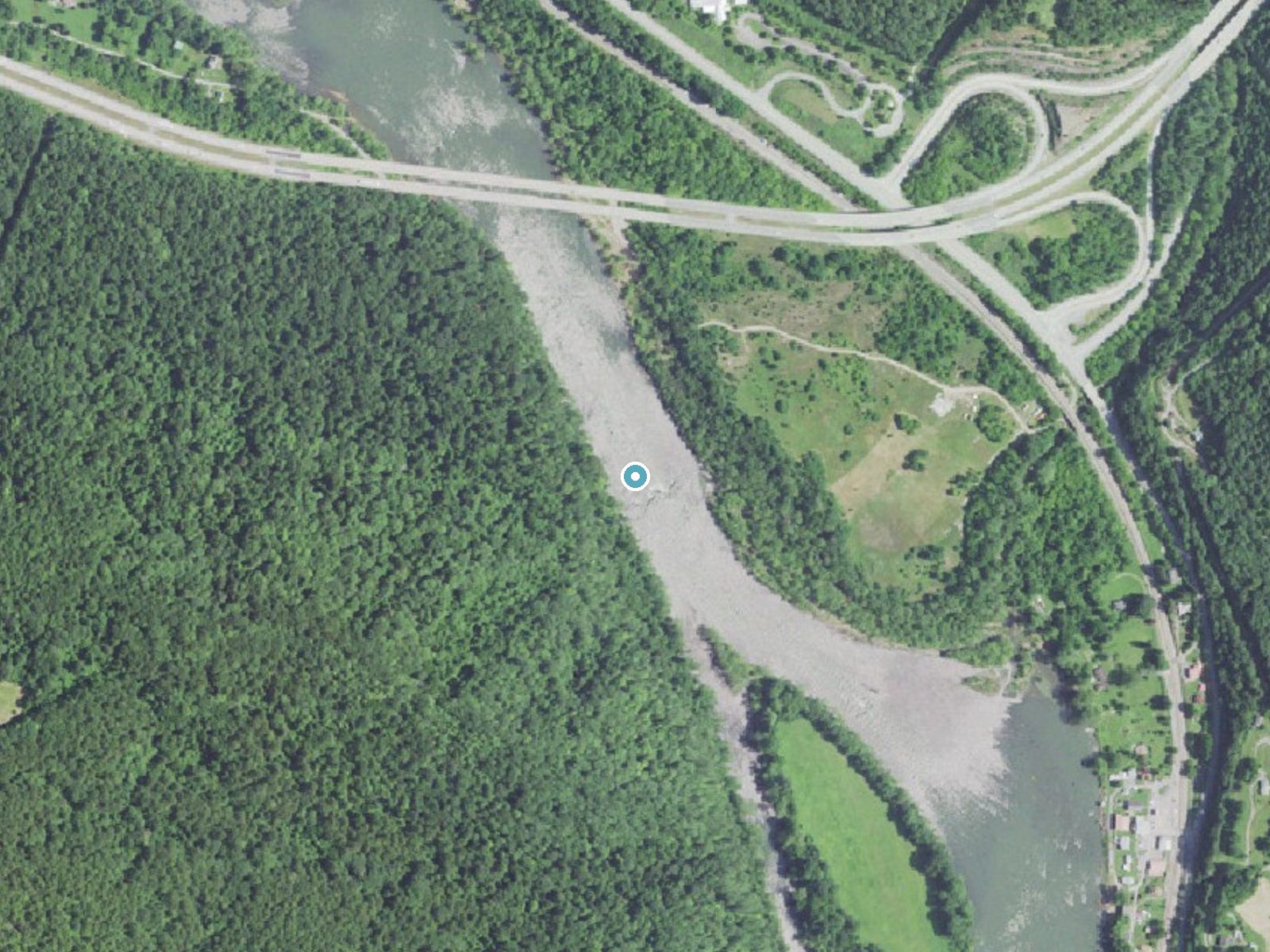 Aerial photo of the same ground around Richman Falls near Meadow Bridge, West Virginia, for comparison with the lidar view