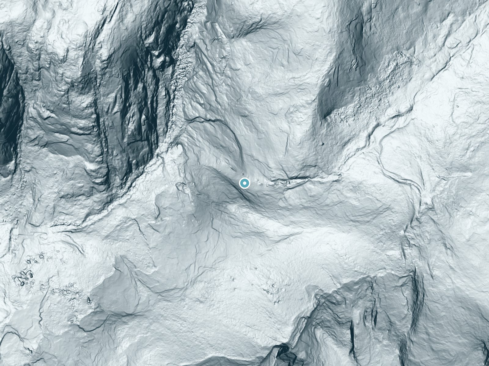 LiDAR bare-earth terrain around Pywiack Cascade near Yosemite Valley, California, showing about 439 feet of drop, a steep tiered drop, facing northwest