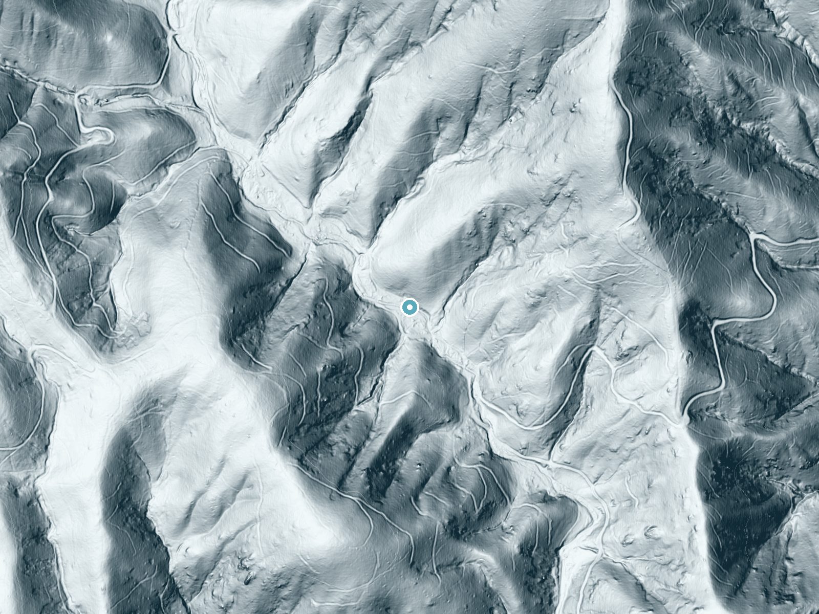 LiDAR bare-earth terrain around The Falls near Lovingston, Virginia, showing about 121 feet of drop, a steep tiered drop, facing south