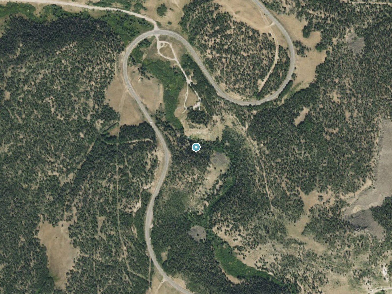 Aerial photo of the same ground around South Clear Creek Falls near City of Creede, Colorado, for comparison with the lidar view