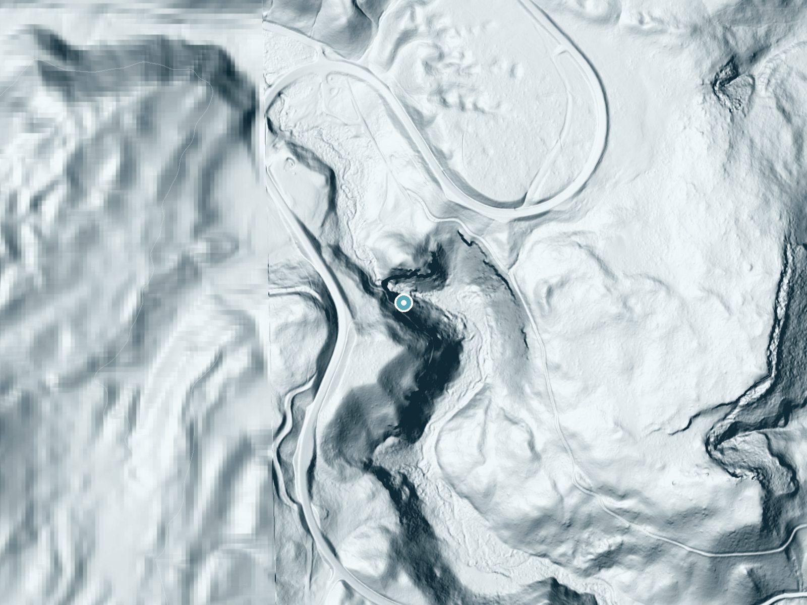 LiDAR bare-earth terrain around South Clear Creek Falls near City of Creede, Colorado, showing about 206 feet of drop, a steep tiered drop, facing northeast