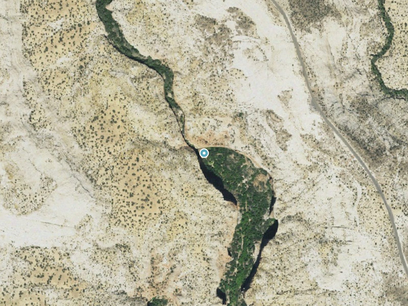 Aerial photo of the same ground around Lower Calf Creek Falls near Boulder, Utah, for comparison with the lidar view