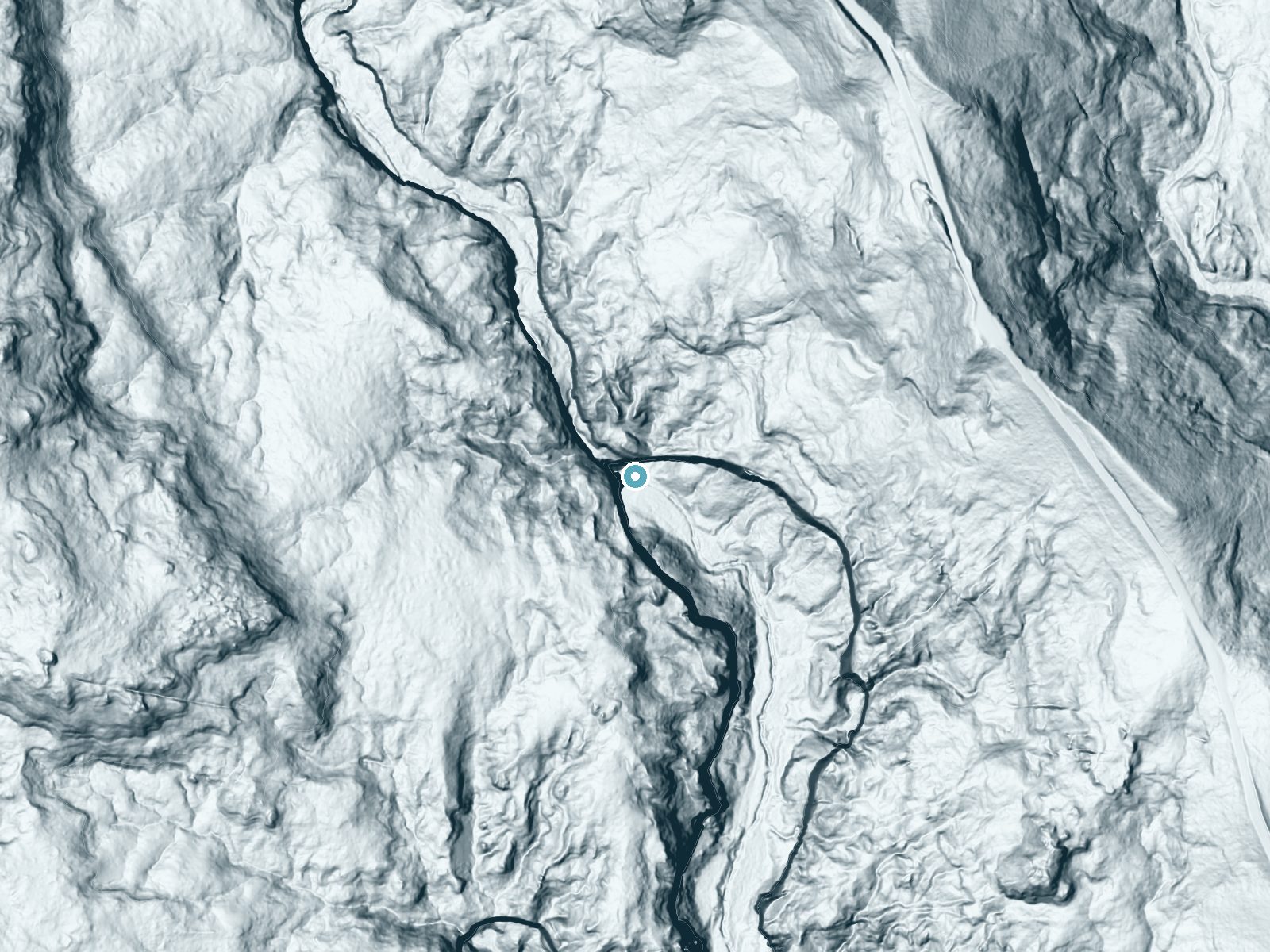 LiDAR bare-earth terrain around Lower Calf Creek Falls near Boulder, Utah, showing about 364 feet of drop, a single sheer drop, facing southeast