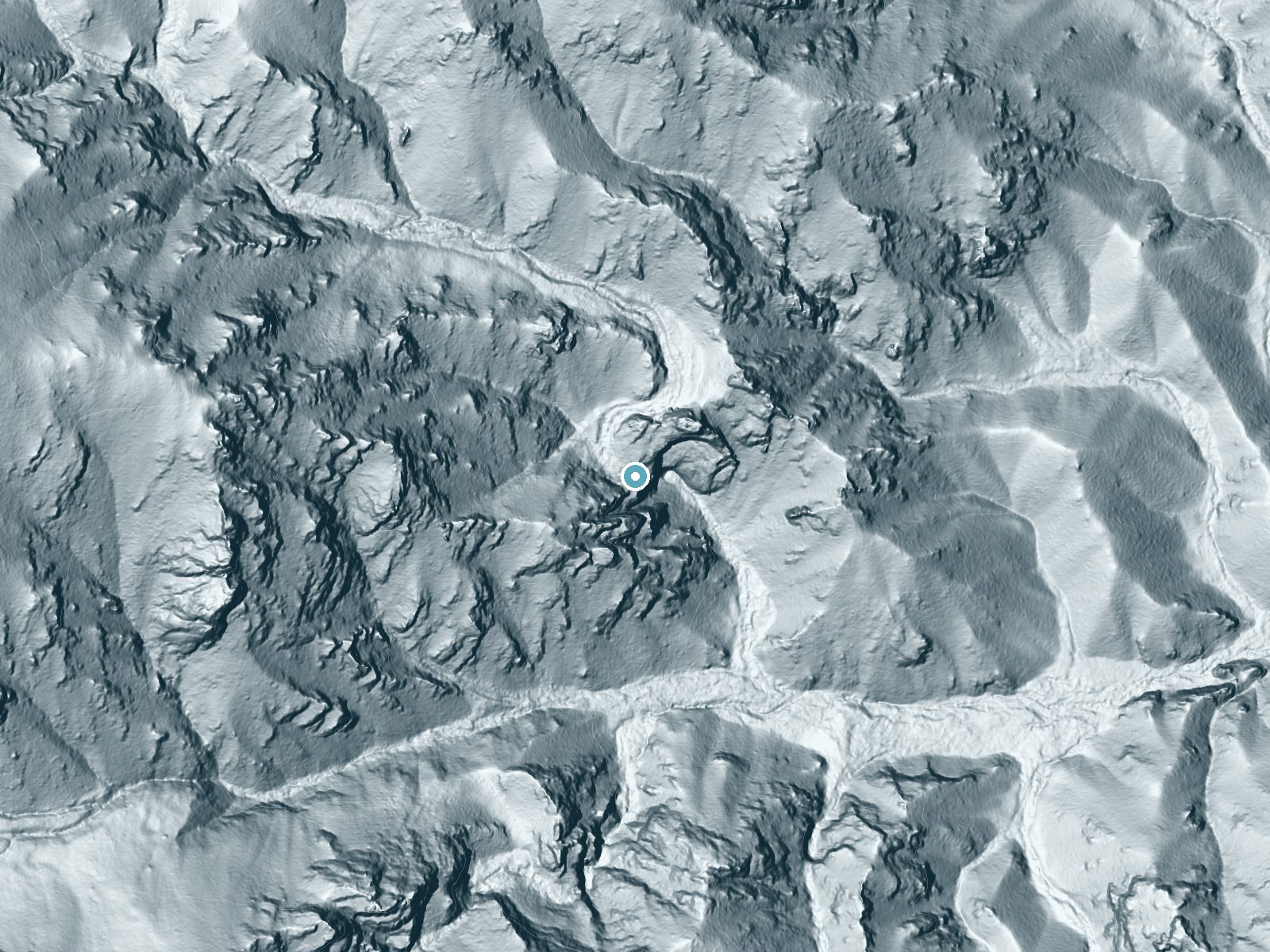 LiDAR bare-earth terrain around Apache Falls near Rye, Colorado, showing about 410 feet of drop, a single sheer drop, facing east
