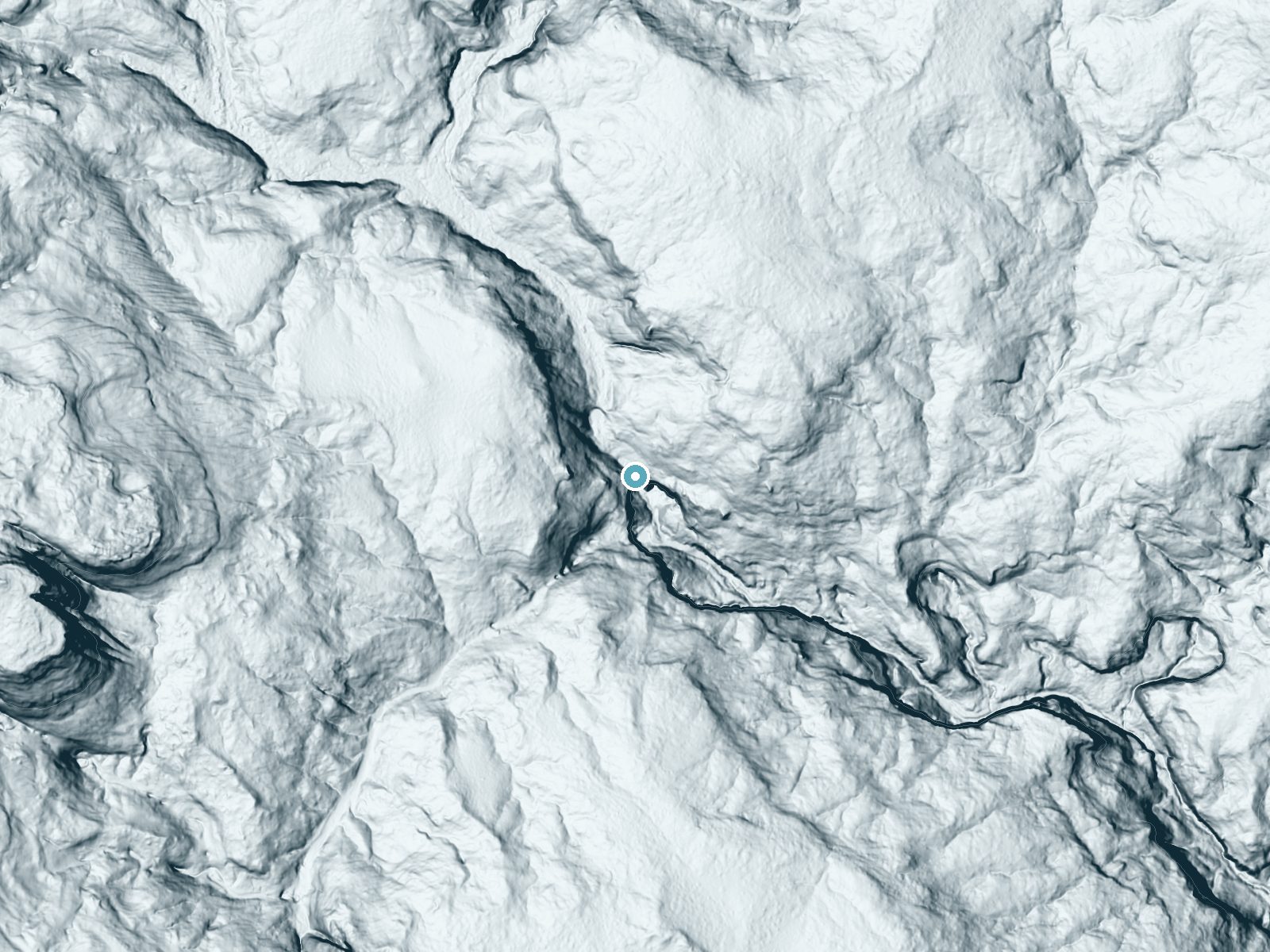 LiDAR bare-earth terrain around Upper Calf Creek Falls near Boulder, Utah, showing about 196 feet of drop, a single sheer drop, facing southeast