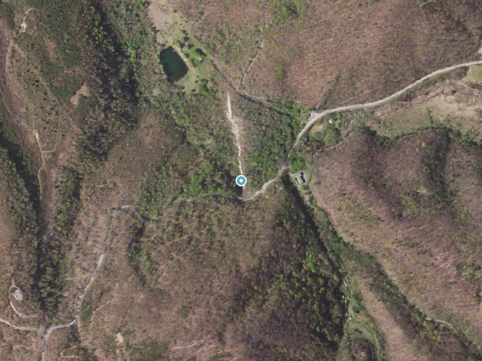 Aerial photo of the same ground around Falling Spring Falls near Mallow, Virginia, for comparison with the lidar view