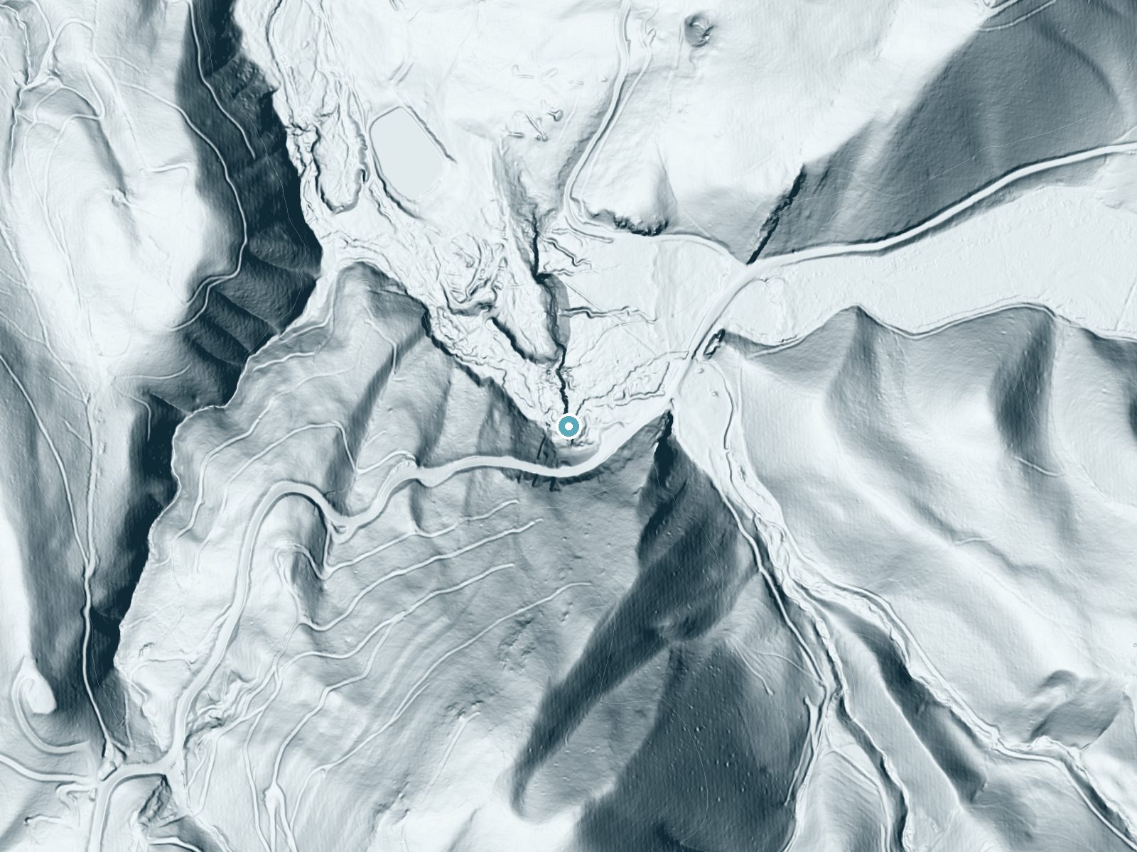 LiDAR bare-earth terrain around Falling Spring Falls near Mallow, Virginia, showing about 169 feet of drop, a steep tiered drop, facing northwest