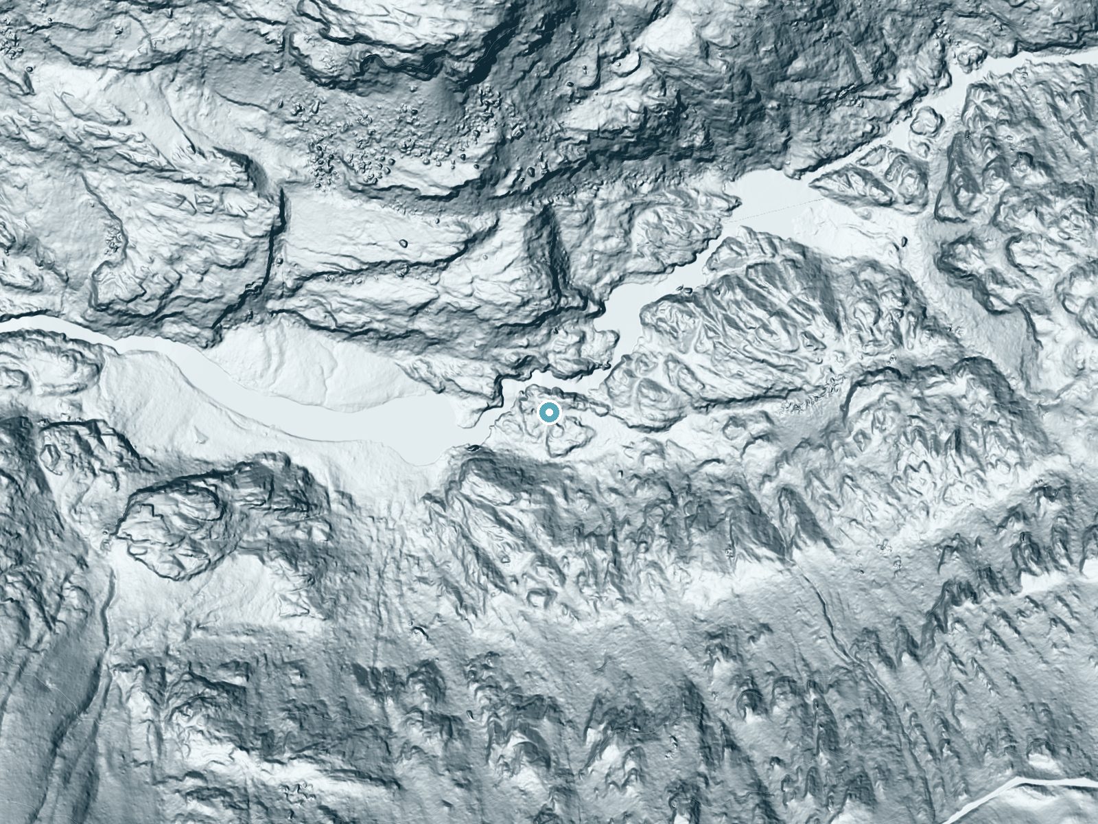 LiDAR bare-earth terrain around Preston Falls near Pine Mountain Lake, California, showing about 95 feet of drop, a long cascade, facing west