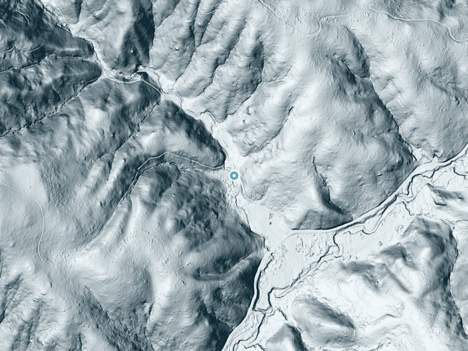 LiDAR bare-earth terrain around Kent Falls near Muir Beach, California, showing about 94 feet of drop, a steep tiered drop, facing west
