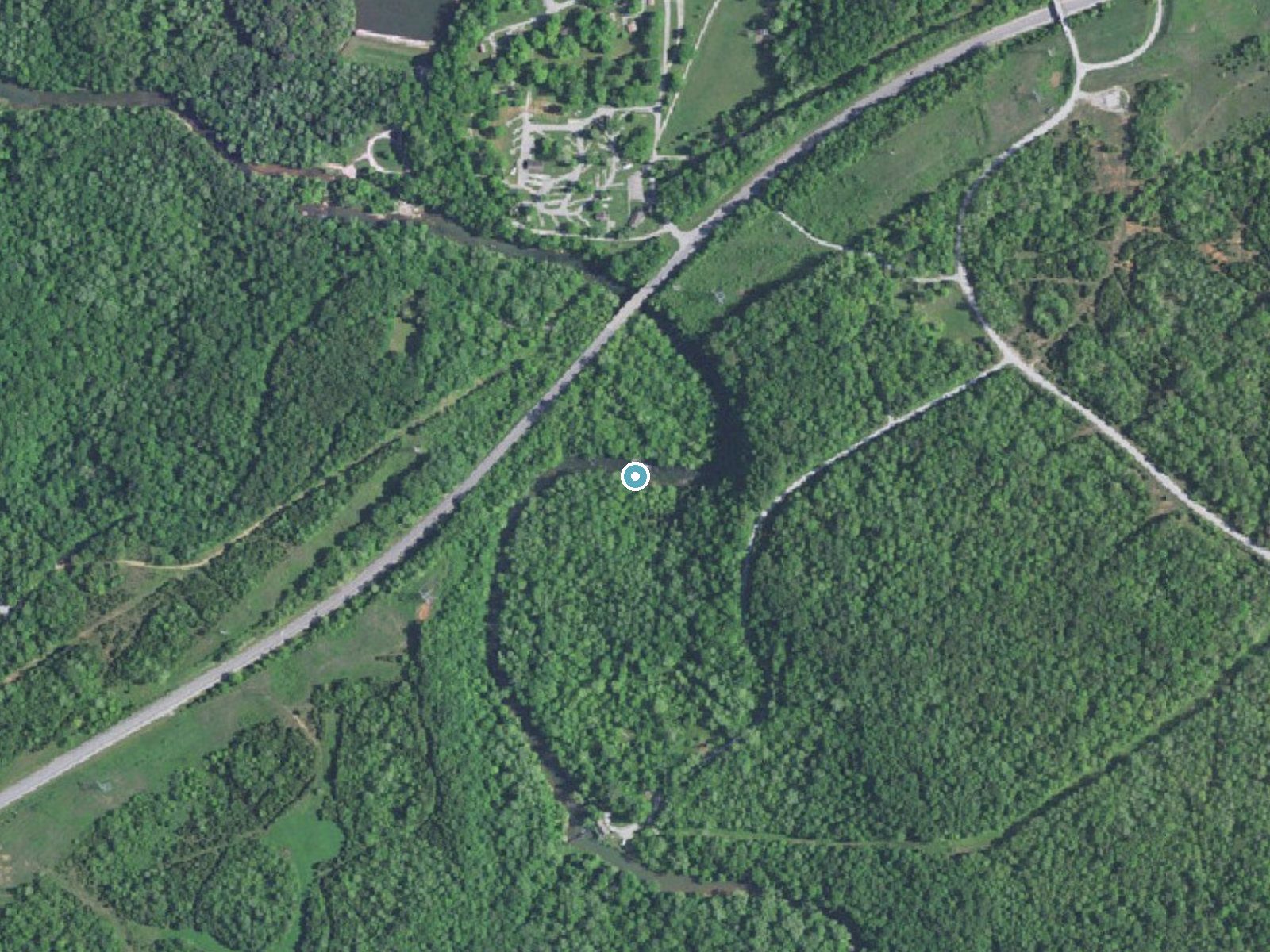 Aerial photo of the same ground around The Big Falls near Fort Knox, Kentucky, for comparison with the lidar view